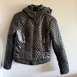 Aeropostale Quilted Faux Leather Jacket Women’s Medium Black Moto Hooded Zip Up